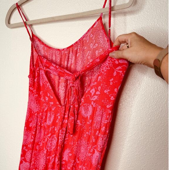 Lush Red & Pink Scoop Neck Open Tie Back Floral Print Boho Midi Sun dress S - Picture 7 of 13